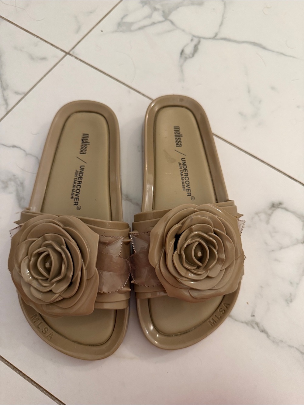 Melissa Floral Beige Slide Sandals with Rosette Accent